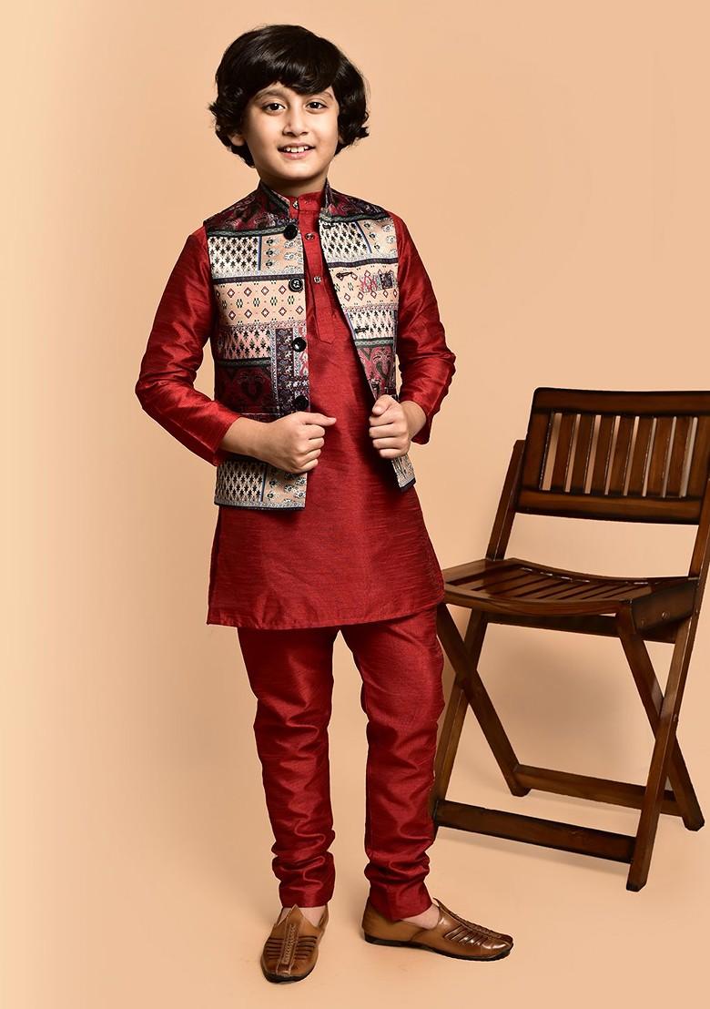 Boys Mandarin Collar Straigh Kurta With Churidar - Indya