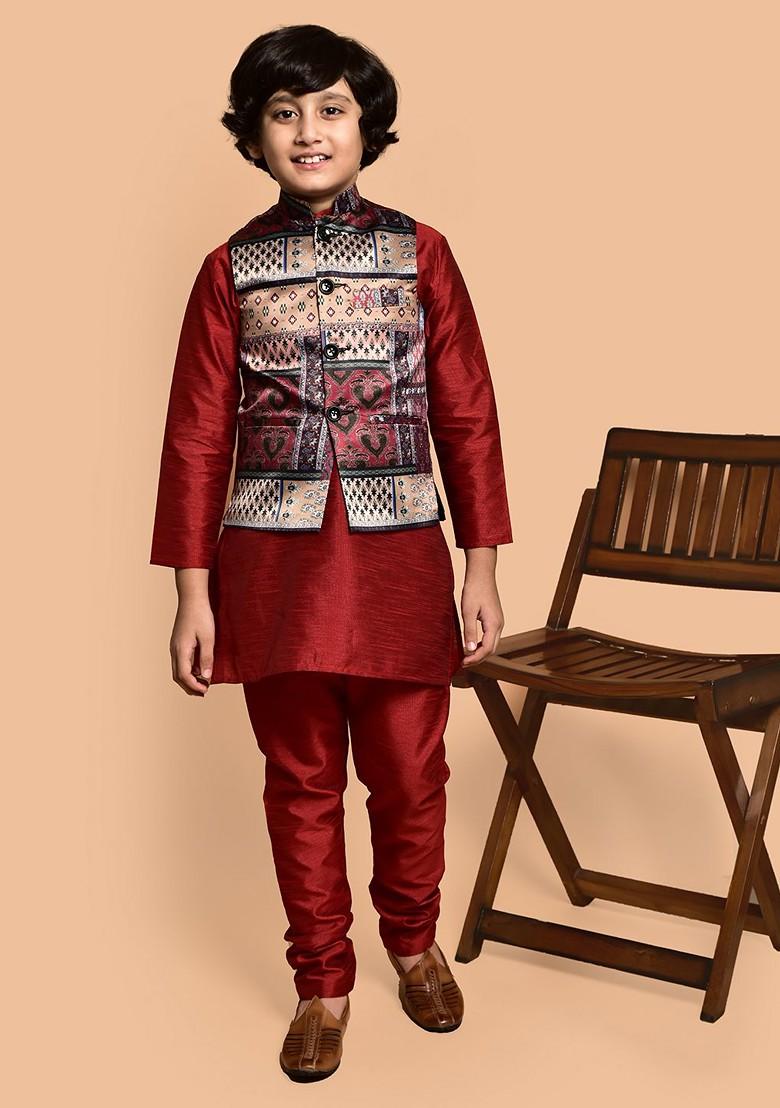 Boys Mandarin Collar Straigh Kurta With Churidar - Indya