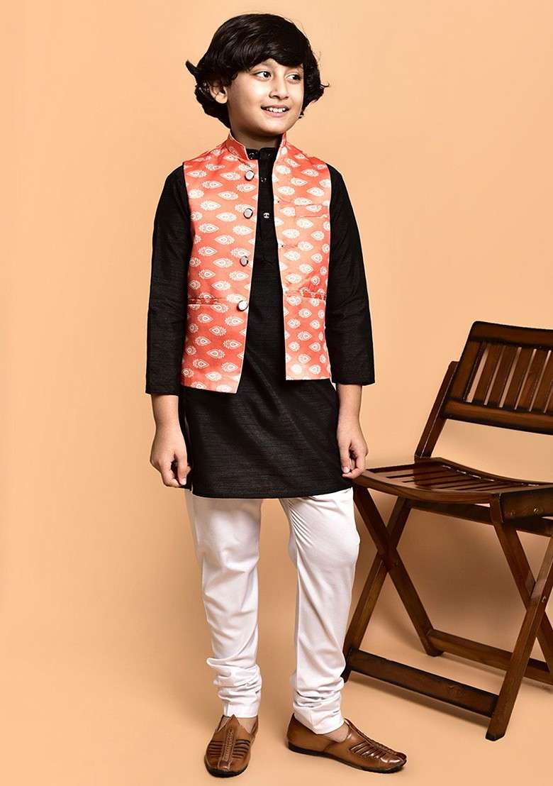 Boys Mandarin Collar Regular Straight Kurta With Churidar - Indya