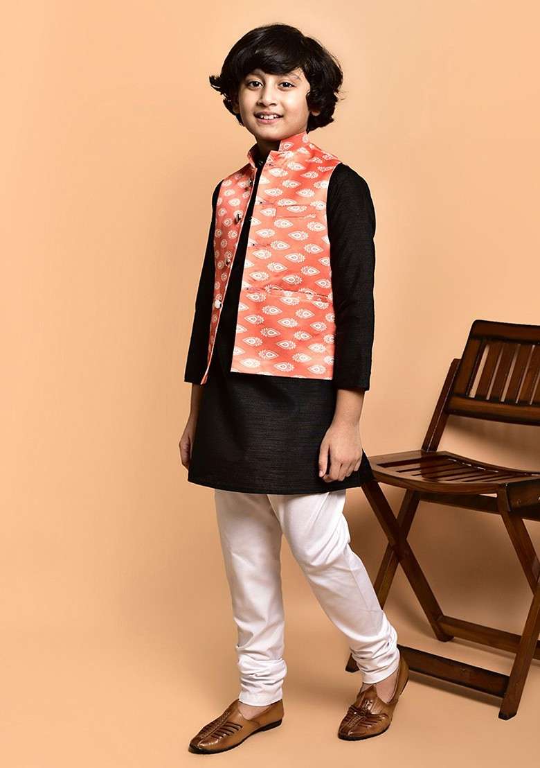 Boys Mandarin Collar Regular Straight Kurta With Churidar - Indya