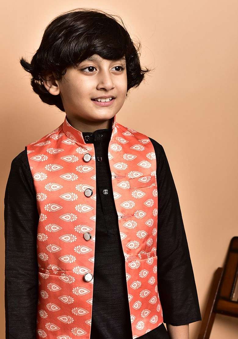 Boys Mandarin Collar Regular Straight Kurta With Churidar - Indya