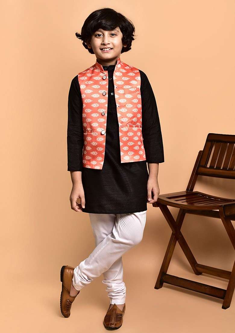 Boys Mandarin Collar Regular Straight Kurta With Churidar - Indya