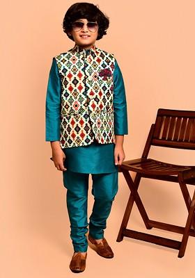 Boys Band Collar Neck Three Quarter Sleeves Kurta And Churidar And Nehru Jacket