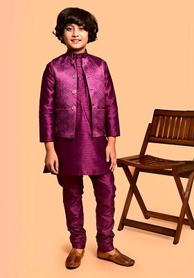 Boys Mandarin Collar Straight Kurta With Churidar And Nehru Jacket