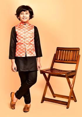 Boys Band Collar Neck Three Quarter Sleeves Kurta And Trouser And Nehru Jacket