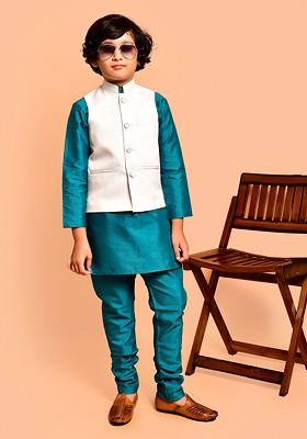 Boys Three Quarter Sleeves Regular Straight Kurta And Churidar And Nehru Jacket