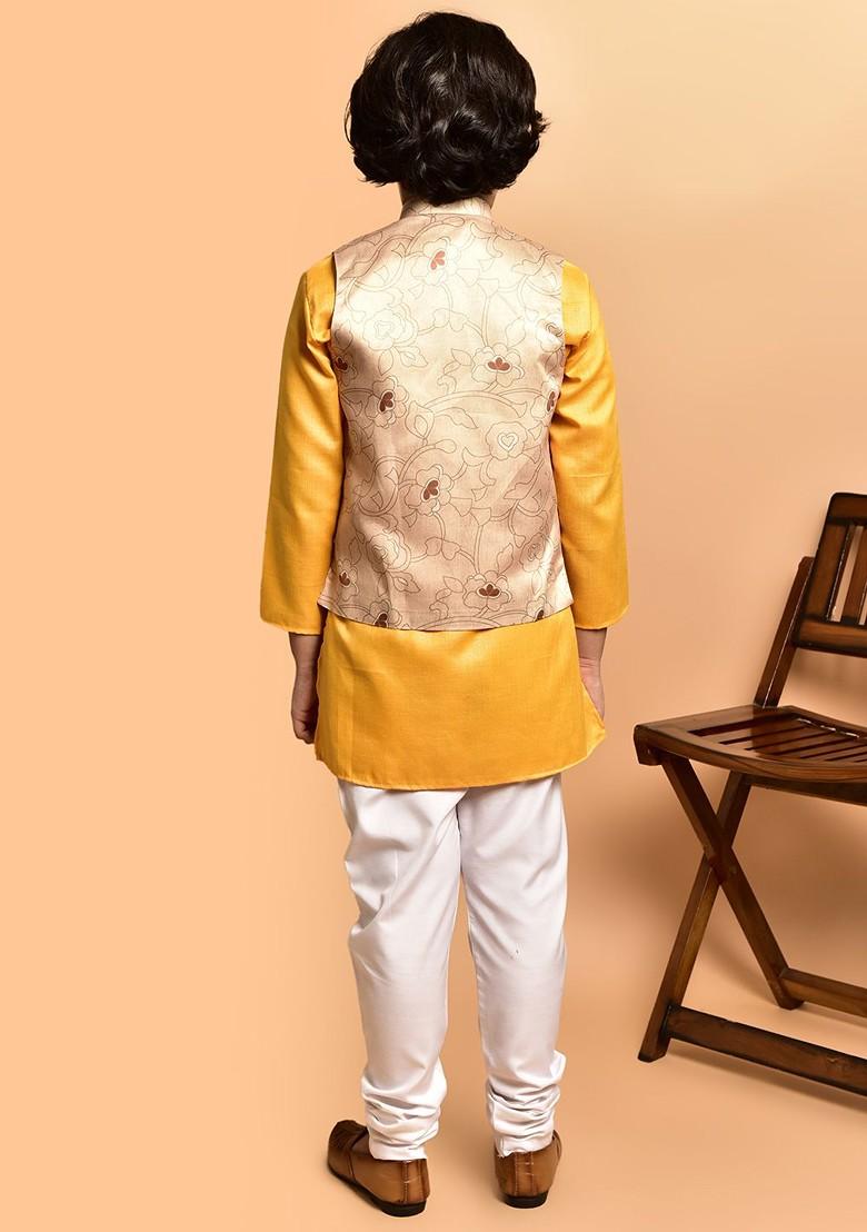 Boys Mandarin Collar Straight Kurta With Churidar And Nehru Jacket - Indya