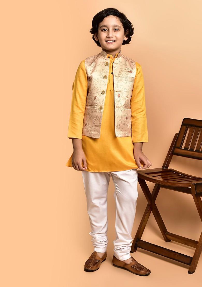 Boys Mandarin Collar Straight Kurta With Churidar And Nehru Jacket - Indya