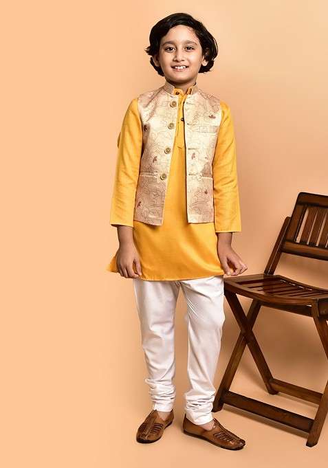 Boys Mandarin Collar Straight Kurta With Churidar And Nehru Jacket