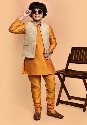Boys Mandarin Collar Straight Kurta With Churidar And Woven Design Nehru Jacket