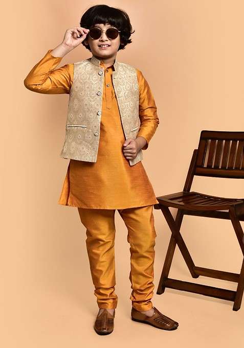 Boys Mandarin Collar Straight Kurta With Churidar And Woven Design Nehru Jacket