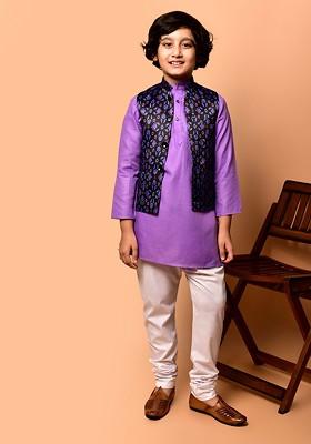 Boys Band Collar Neck Straight Kurta And Churidar And Nehru Jacket