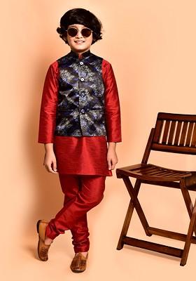 Boys Mandarin Collar Straight Kurta With Churidar And Printed Nehru Jacket