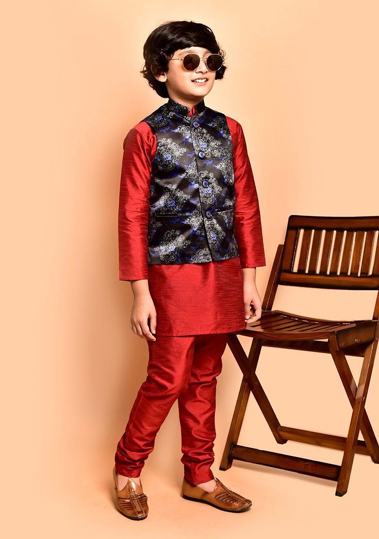 Boys Mandarin Collar Straight Kurta With Churidar And Printed Nehru Jacket - Indya
