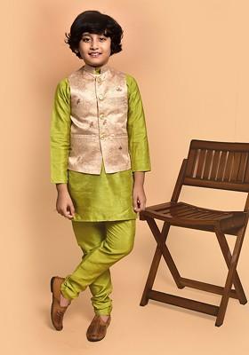 Boys Mandarin Collar Straight Kurta With Churidar And Nehru Jacket