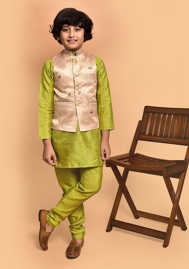 Boys Mandarin Collar Straight Kurta With Churidar And Nehru Jacket - Indya