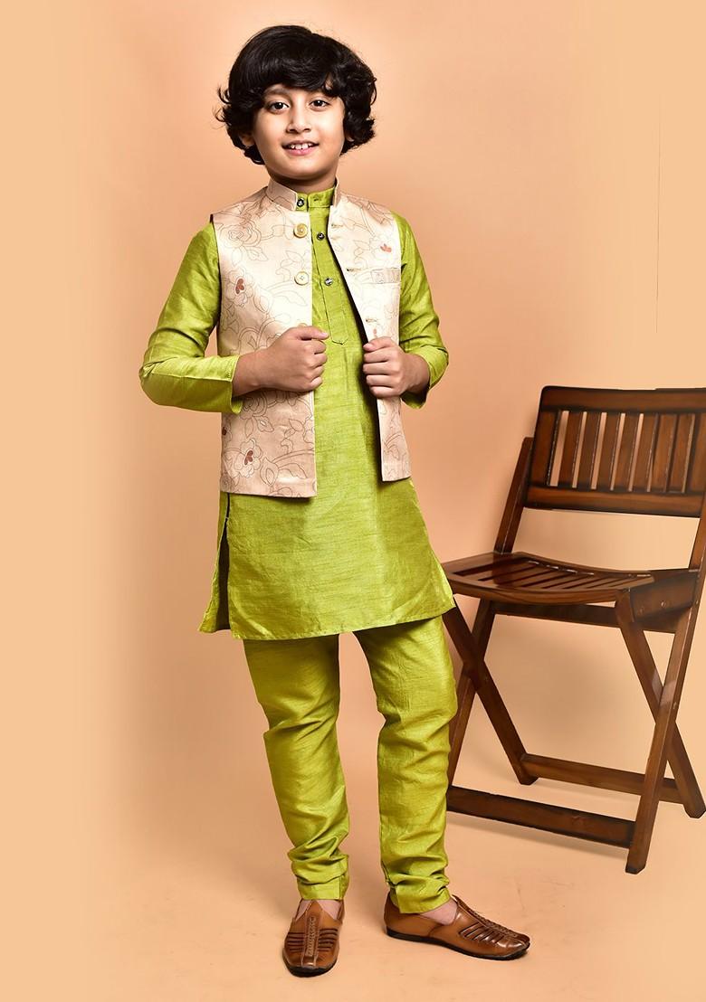 Boys Mandarin Collar Straight Kurta With Churidar And Nehru Jacket - Indya