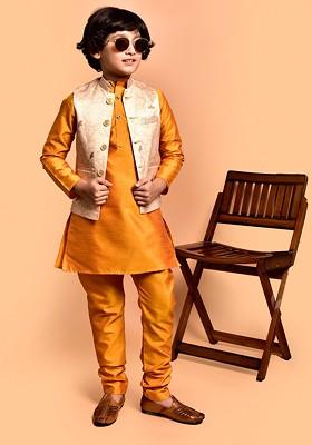 Boys Band Collar Three Quarter Sleeves Regular Kurta And Churidar And Nehru Jacket