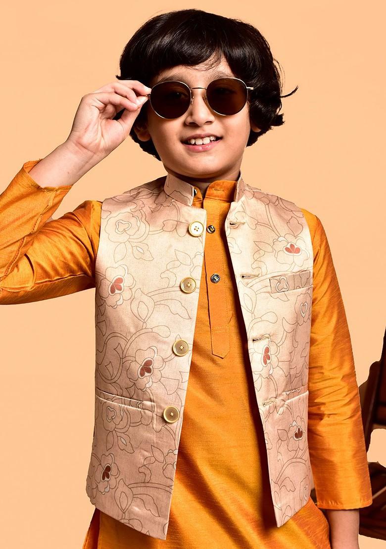 Boys Band Collar Three Quarter Sleeves Regular Kurta And Churidar And Nehru Jacket - Indya