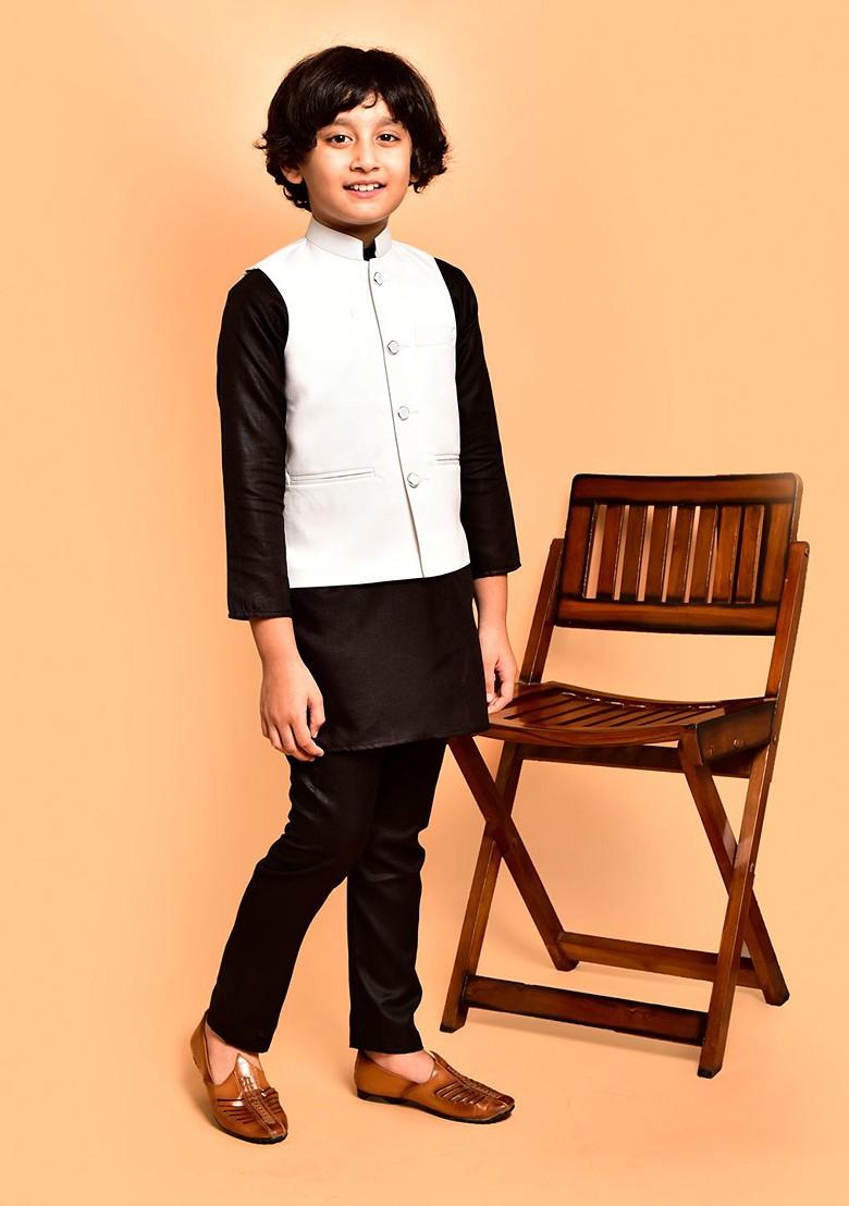 Boys Mandarin Collar Regular Straight Kurta With Pyjamas - Indya