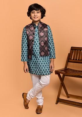 Boys Ethnic Motifs Printed Band Collar Neck Kurta And Churidar And Nehru Jacket