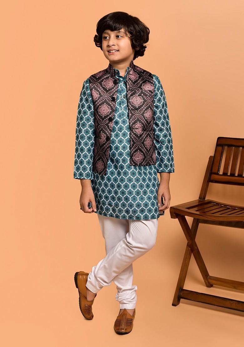Boys Ethnic Motifs Printed Band Collar Neck Kurta And Churidar And Nehru Jacket - Indya