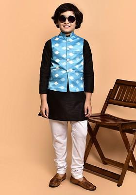 Boys Band Collar Three Quarter Sleeves Kurta With Churidar With Nehru Jacket