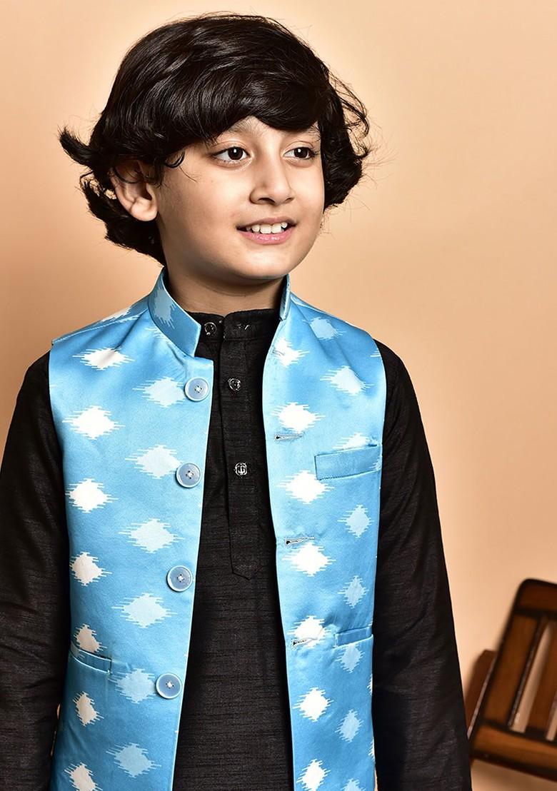 Boys Band Collar Three Quarter Sleeves Kurta With Churidar With Nehru Jacket - Indya