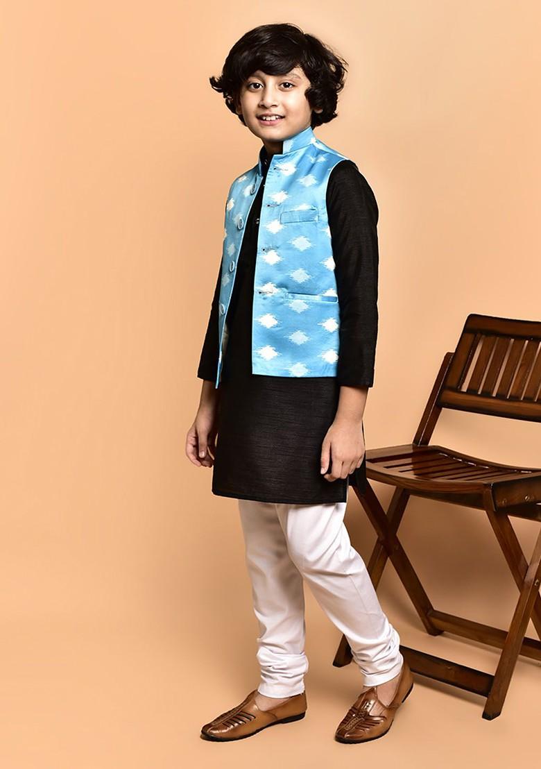 Boys Band Collar Three Quarter Sleeves Kurta With Churidar With Nehru Jacket - Indya