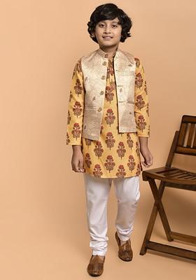 Boys Floral Printed Band Collar Regular Kurta And Churidar And Nehru Jacket