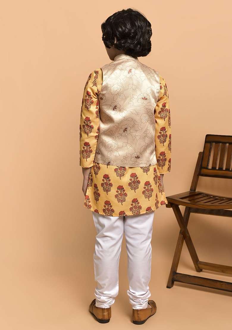 Boys Floral Printed Band Collar Regular Kurta And Churidar And Nehru Jacket - Indya