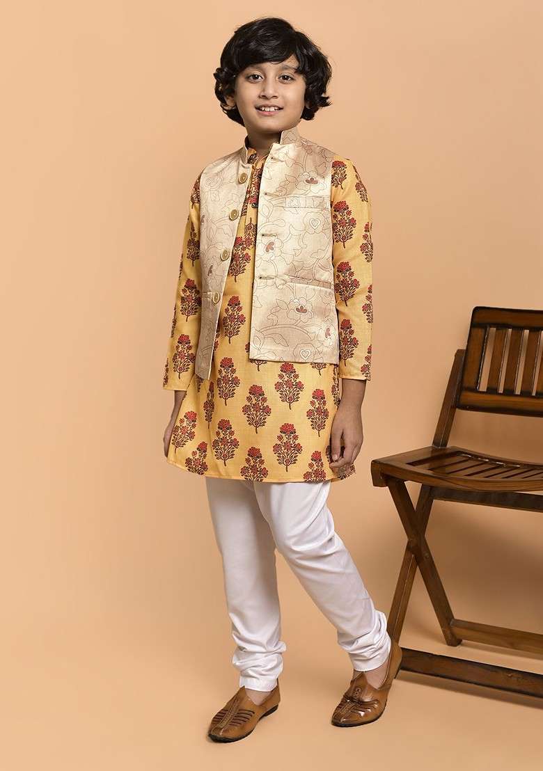 Boys Floral Printed Band Collar Regular Kurta And Churidar And Nehru Jacket - Indya