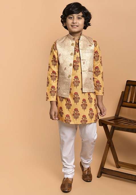 Boys Floral Printed Band Collar Regular Kurta And Churidar And Nehru Jacket