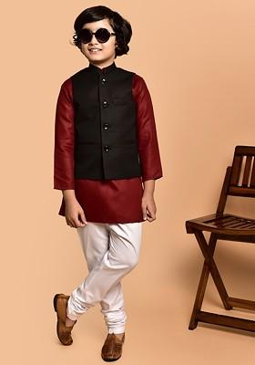 Boys Mandarin Collar Straight Kurta With Churidar And Nehru Jacket