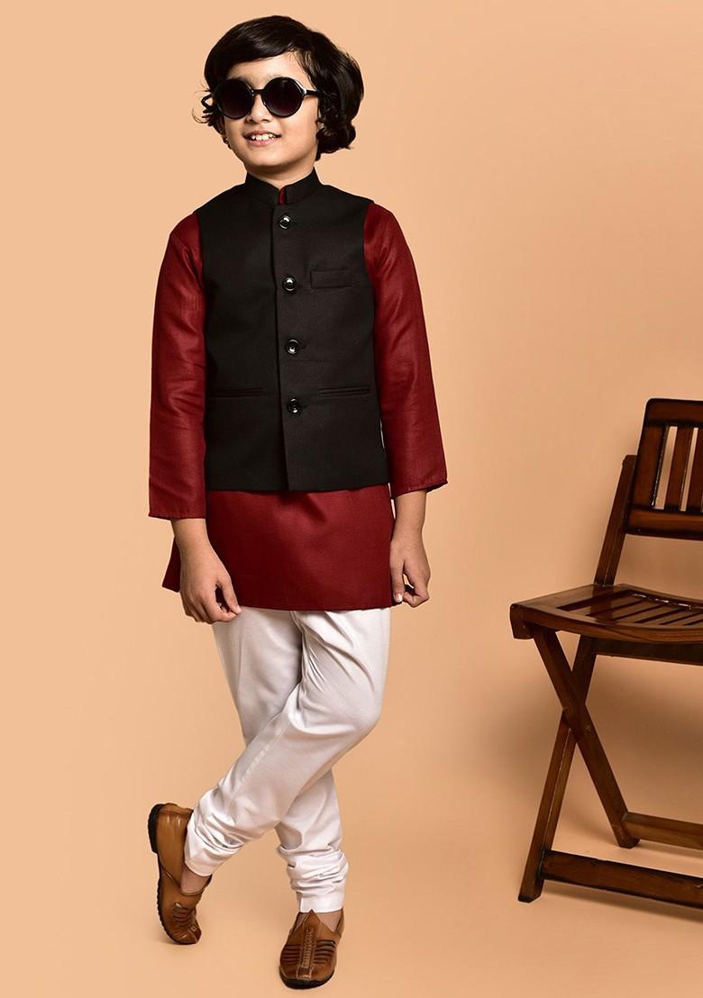 Boys Mandarin Collar Straight Kurta With Churidar And Nehru Jacket - Indya