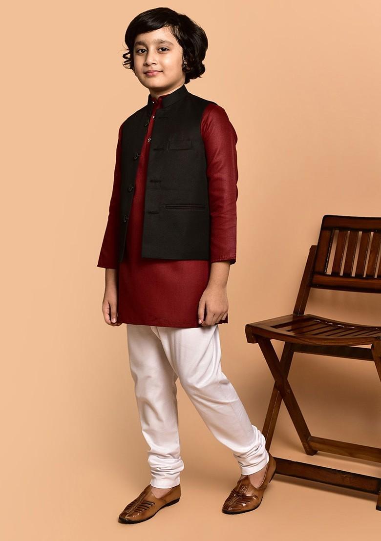 Boys Mandarin Collar Straight Kurta With Churidar And Nehru Jacket - Indya