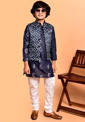 Boys Floral Printed Mandarin Collar Regular Straight Kurta With Pyjamas