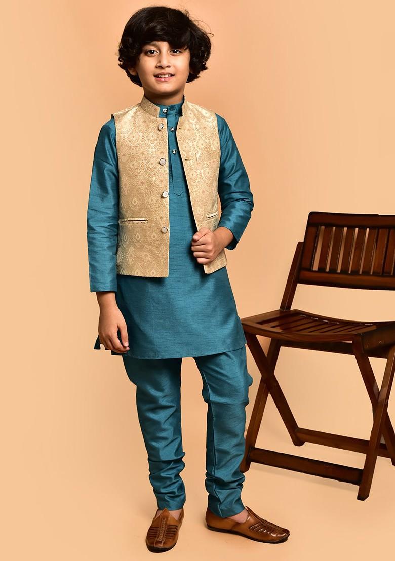 Boys Mandarin Collar Straight Kurta With Pyjamas - Indya