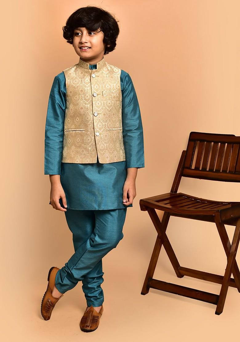 Boys Mandarin Collar Straight Kurta With Pyjamas - Indya