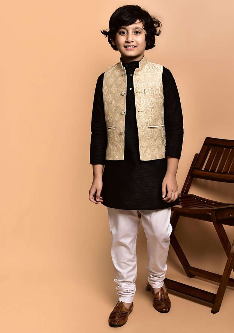 Boys Mandarin Collar Regular Straight Kurta With Churidar - Indya