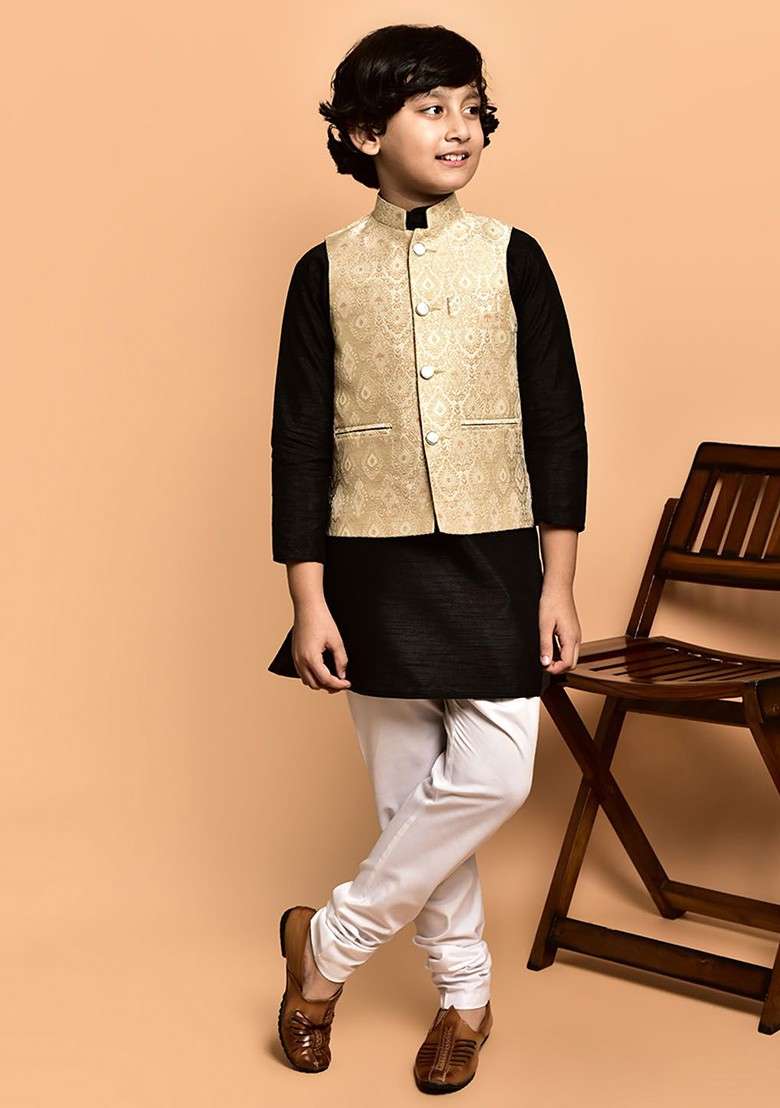 Boys Mandarin Collar Regular Straight Kurta With Churidar - Indya