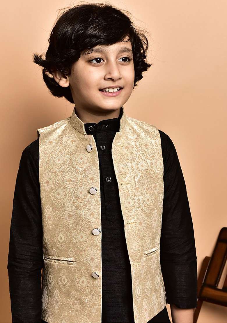 Boys Mandarin Collar Regular Straight Kurta With Churidar - Indya
