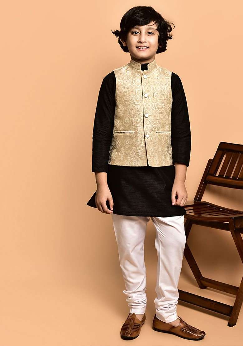 Boys Mandarin Collar Regular Straight Kurta With Churidar - Indya