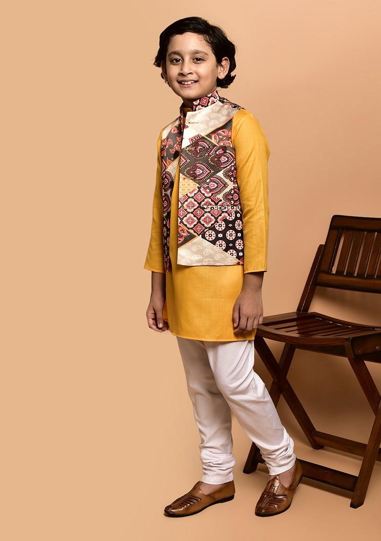 Boys Mandarin Collar Regular Straight Kurta With Churidar - Indya