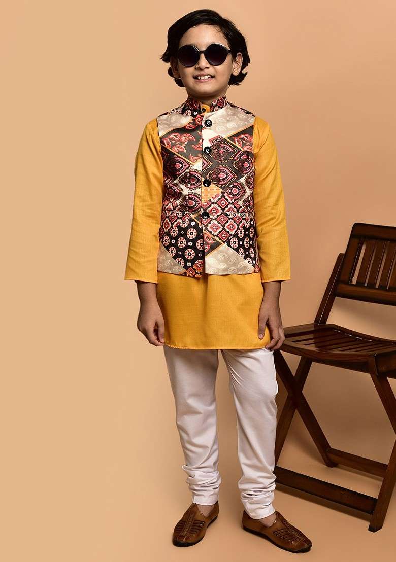 Boys Mandarin Collar Regular Straight Kurta With Churidar - Indya