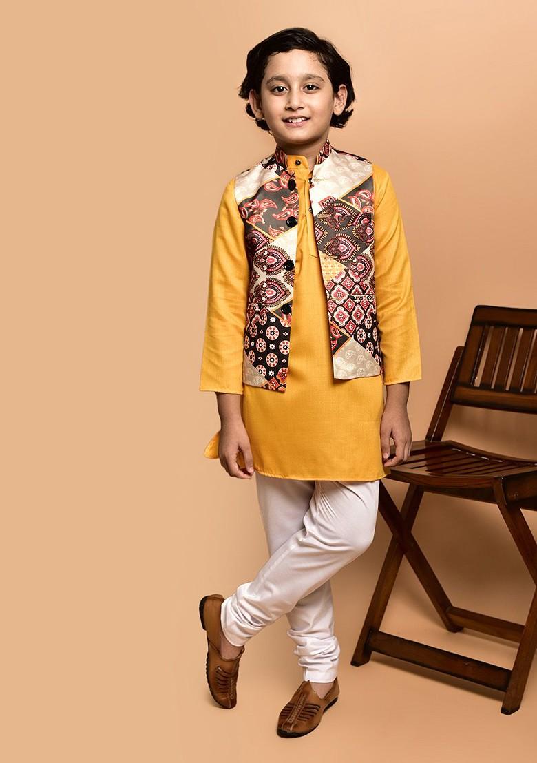 Boys Mandarin Collar Regular Straight Kurta With Churidar - Indya