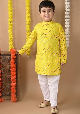 Boys Leheriya Printed Mandarin Collar Pure Cotton Straight Kurta And Trouser