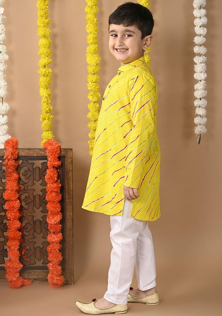 Boys Leheriya Printed Mandarin Collar Pure Cotton Straight Kurta And Trouser - Indya