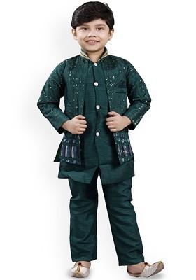 Boys Striped Embroidered Sequinned Mandarin Collar Kurta With Trouser