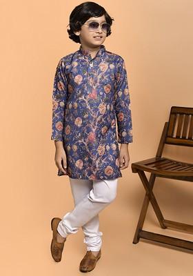 Boys Floral Printed Band Collar Cotton Straight Kurta